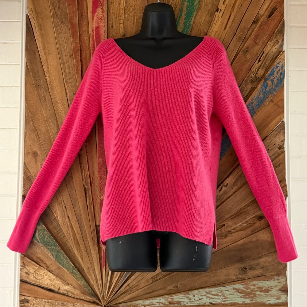 Sundance hot pink side slits rib knit v-neck 100% cashmere sweater Sz S - Picture 3 of 10